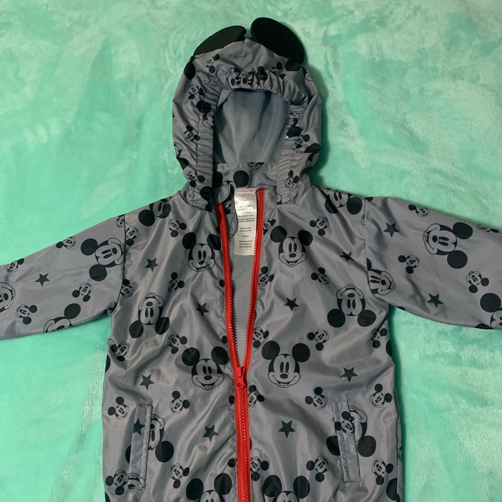 Kids 4T Gray Mickey Mouse Raincoat with Red Zipper